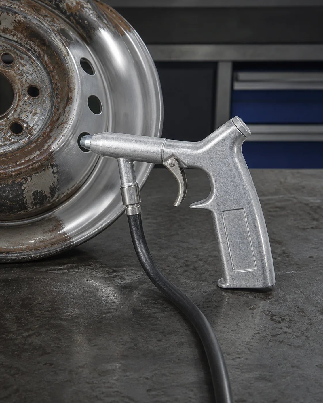 Teilweise entrostete Stahlfelge neben der Strahlpistole