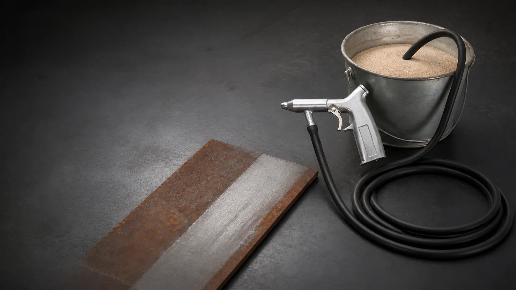 Siphon-Strahlpistole mit Schlauch, Strahlmittel und sichtbar entrosteter Stahlplatte