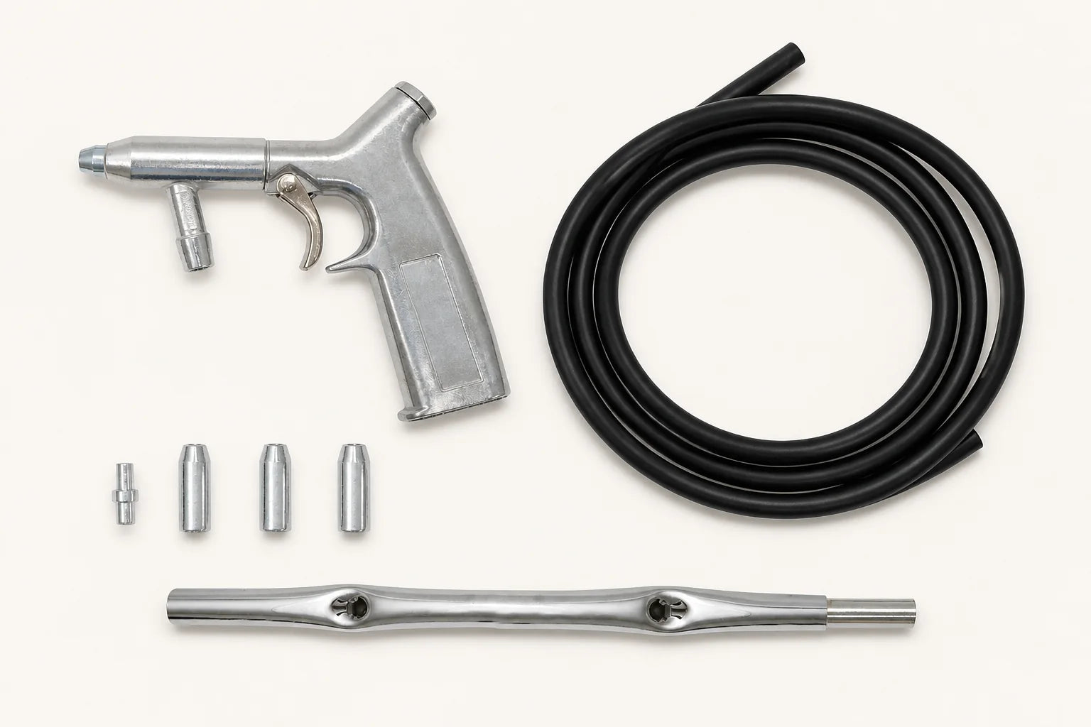Strahlpistolen-Set mit schwarzem Schlauch, Metall-Saugrohr, drei Düsen und Adapter