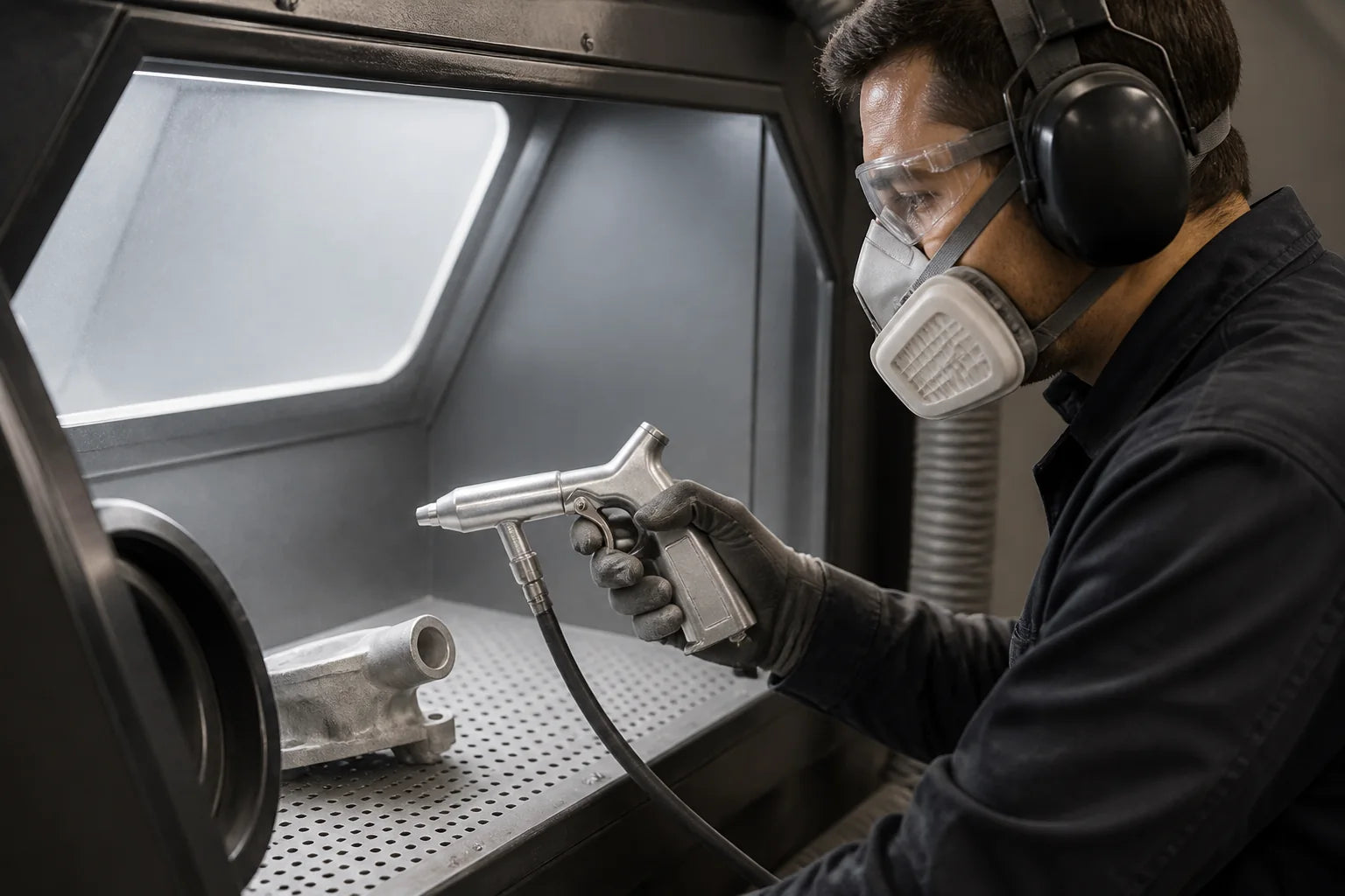 Anwender mit Schutzbrille, Atemschutz, Gehörschutz und Handschuhen bei der Arbeit mit der Strahlpistole